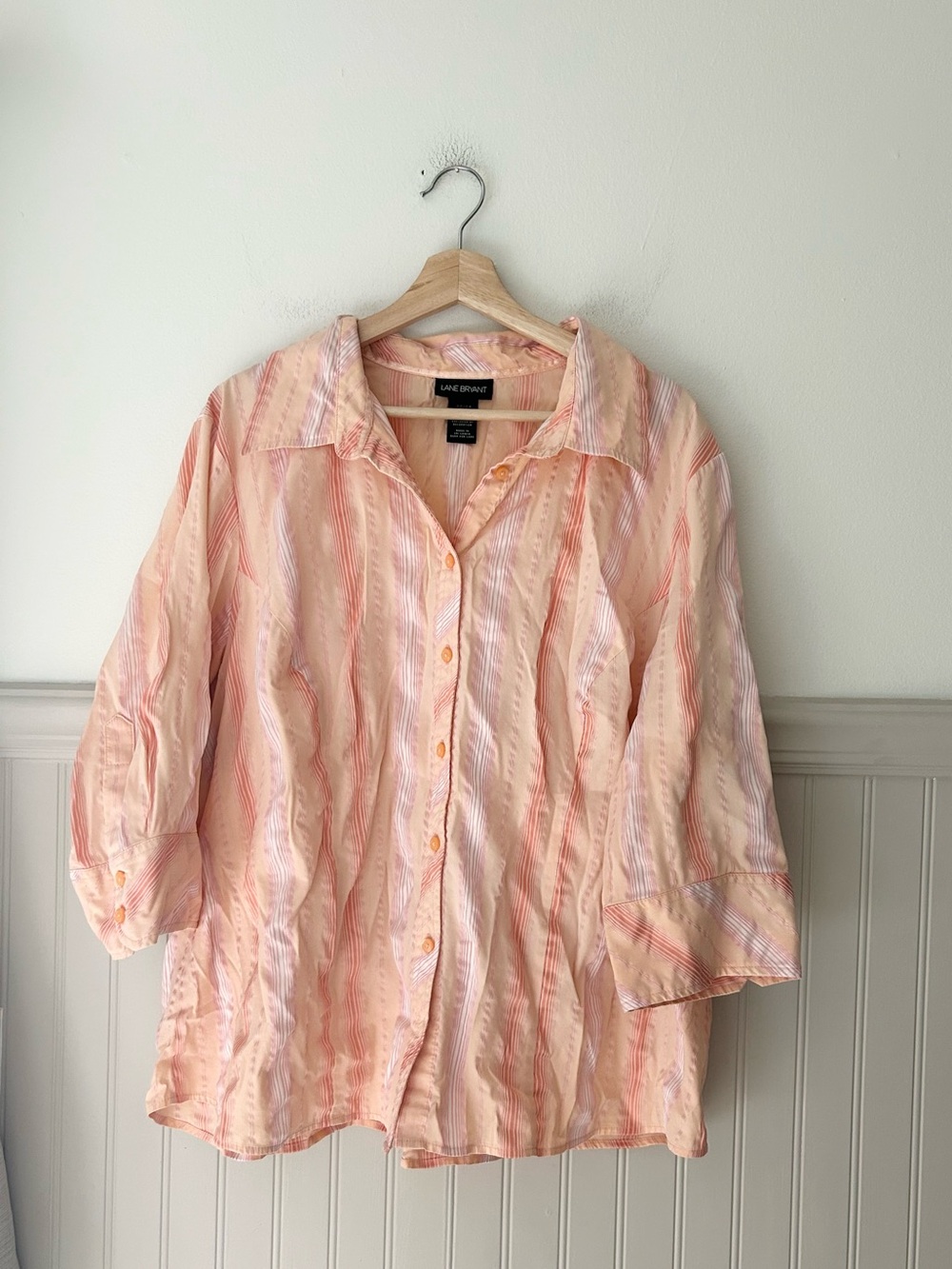 Lane Bryant 22/24 Peach Ivory Striped Button Front Shirt 3/4 Sleeve